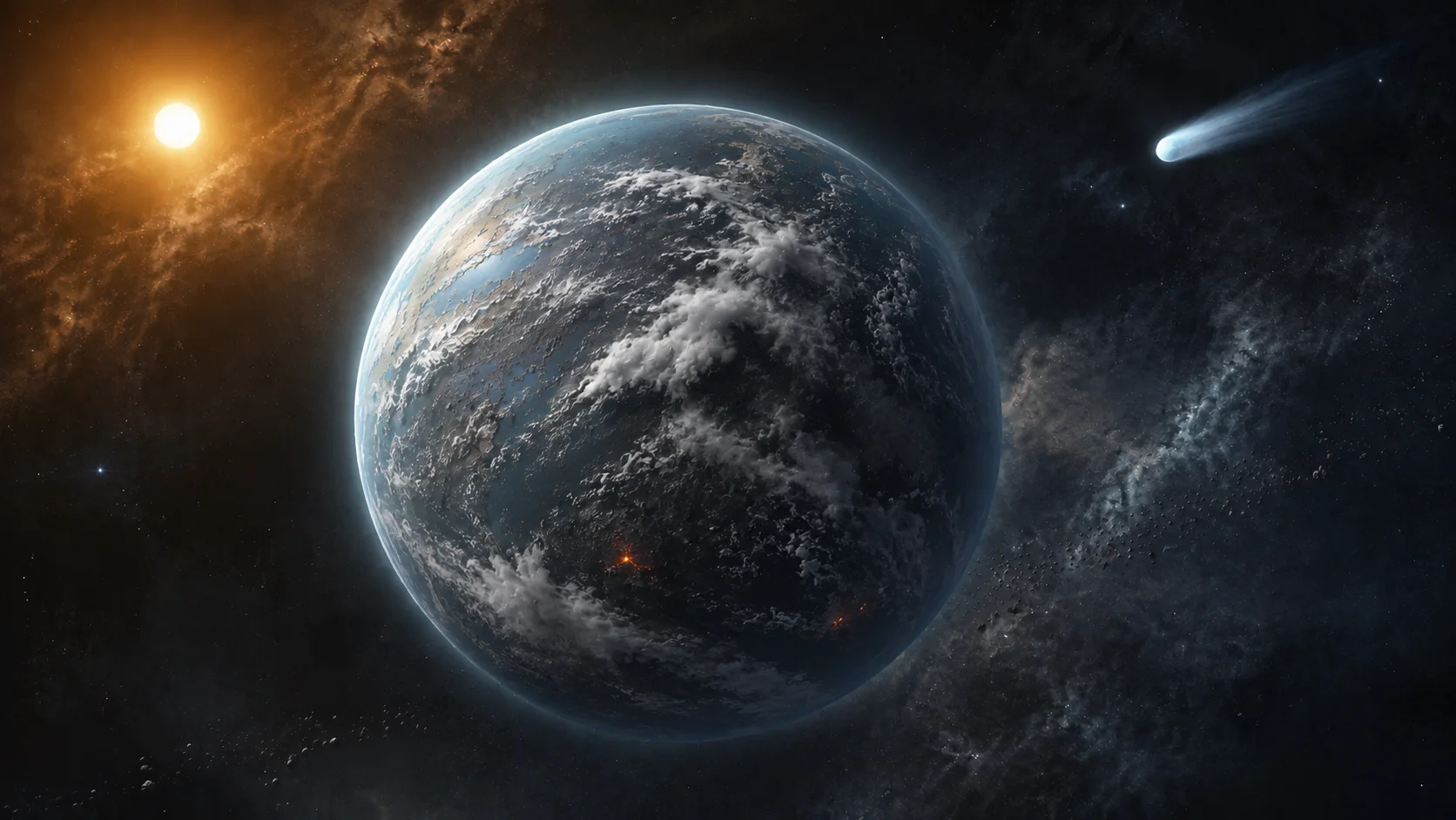 Terra jovem azul-acinzentada centralizada, com vapor, poucos pontos vulcânicos, pequenos asteroides distantes e um cometa ao fundo.