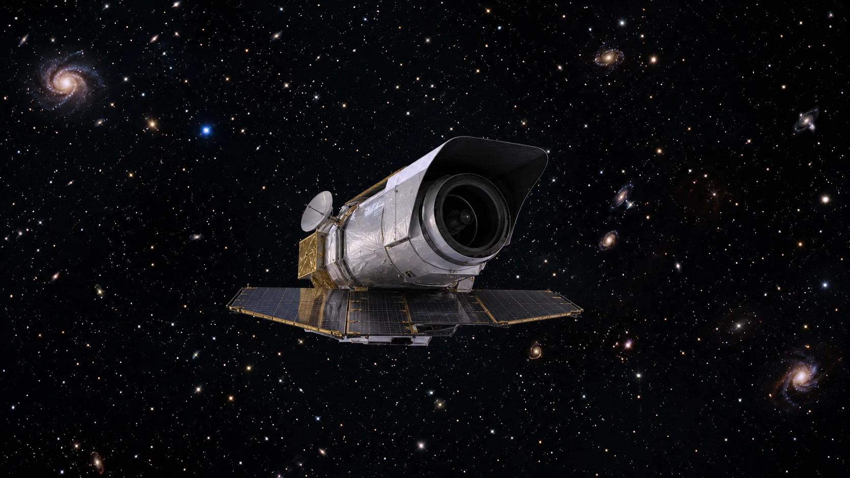 Telescópio Roman centralizado, com corpo cilíndrico, visor escuro, antena e painéis solares diante de muitas galáxias.