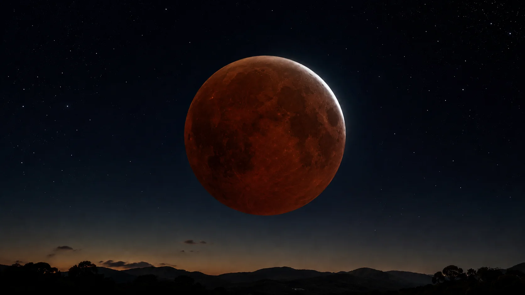 Lua eclipsada no centro, com a sombra avermelhada cobrindo quase todo o disco e uma faixa clara fina na borda direita.