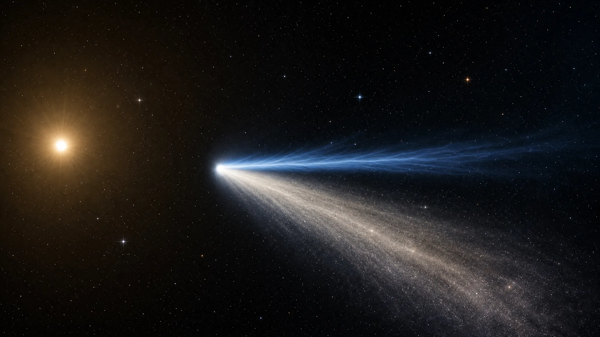 Por que a cauda de um cometa aponta para longe do Sol? Ilustração gerada por IA.