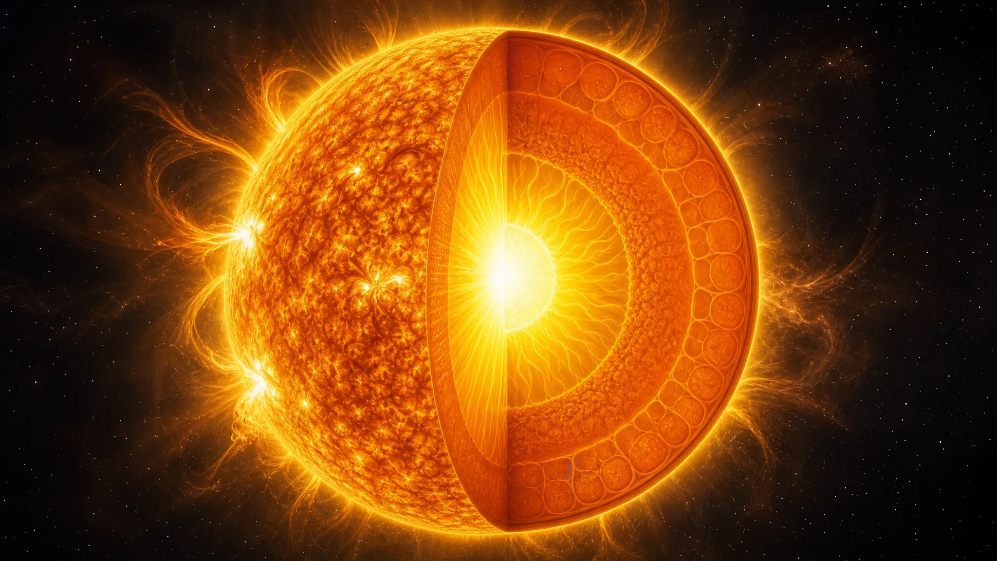 De onde vem a energia que faz o Sol brilhar? Ilustração gerada por IA.