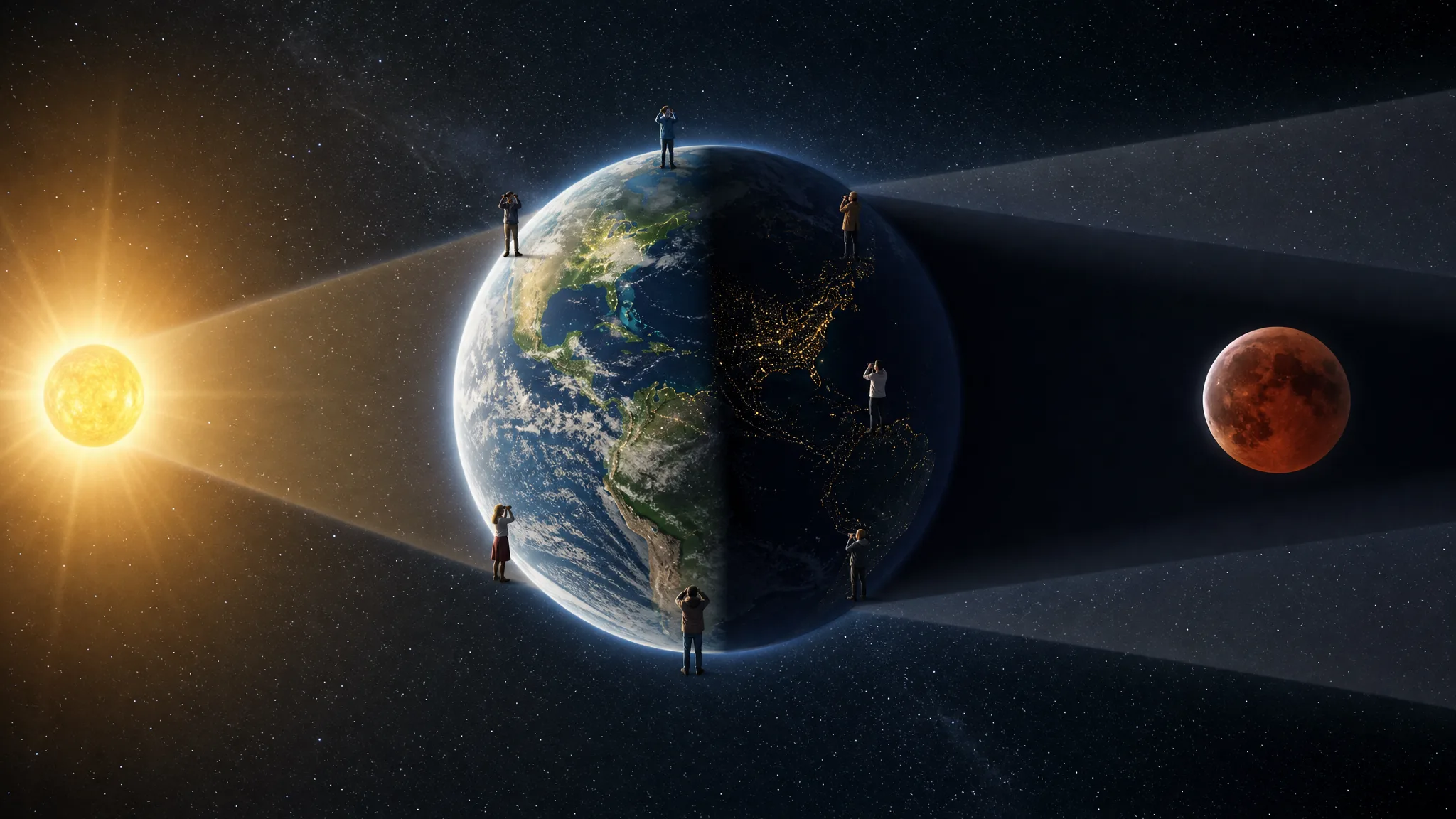 Por que um eclipse lunar pode ser visto de metade do planeta? Ilustração gerada por IA.
