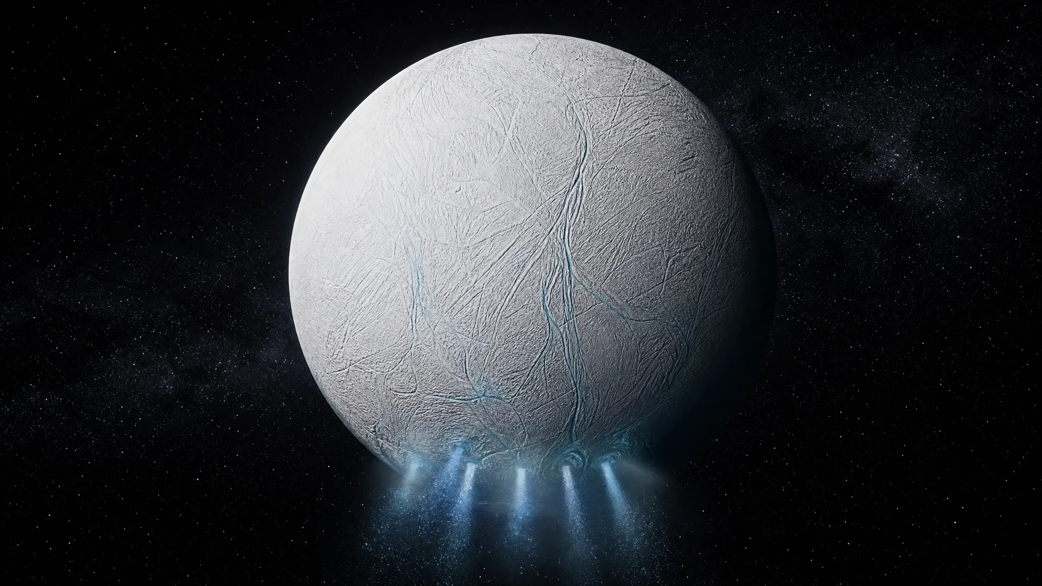 Por que Encélado lança jatos de água para o espaço? Ilustração gerada por IA.