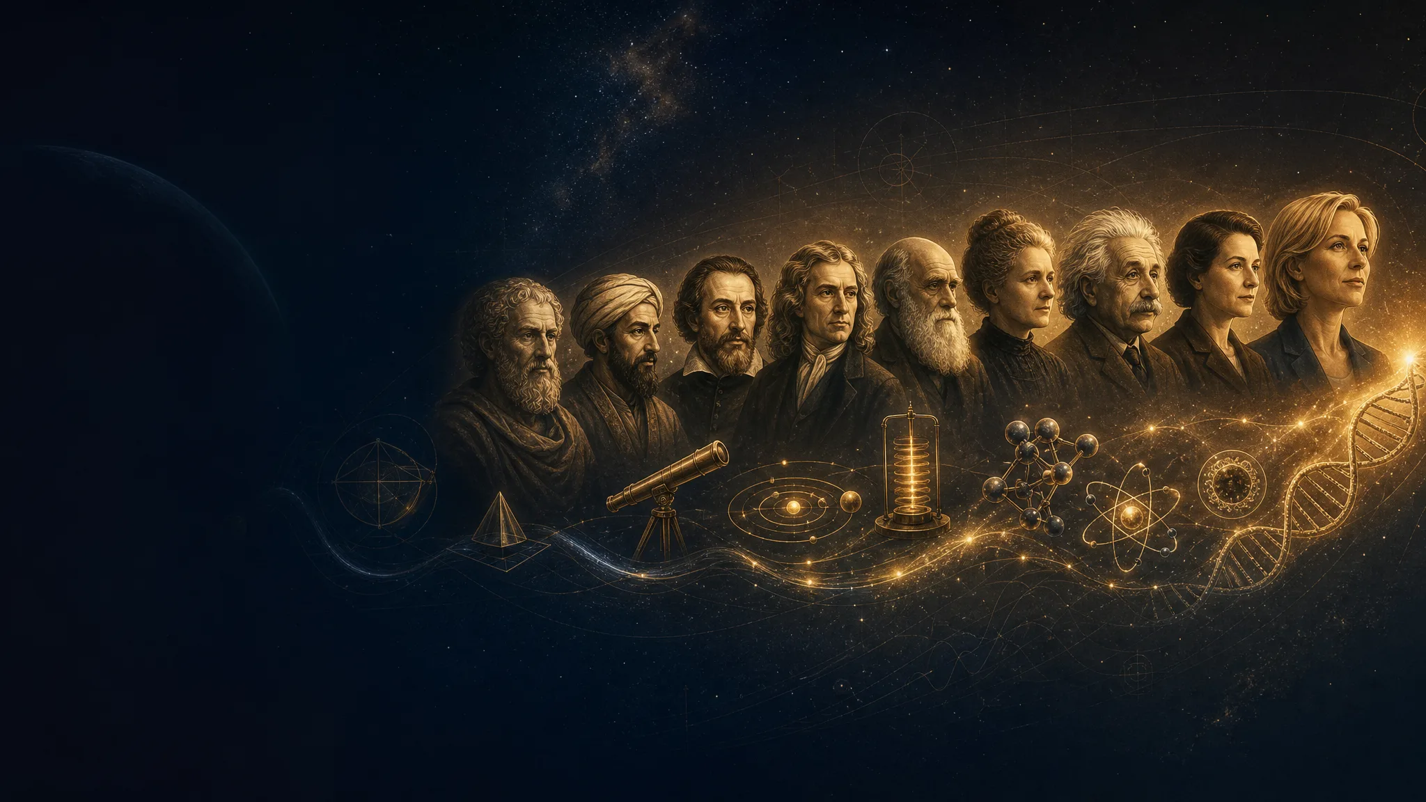 Ilustração em forma de linha do tempo mostrando Arquimedes, Ibn al-Haytham, Galileu, Newton, Faraday, Darwin, Curie, Einstein, Rosalind Franklin e Jennifer Doudna, conectados por símbolos de ciência como telescópio, bobina elétrica, molécul