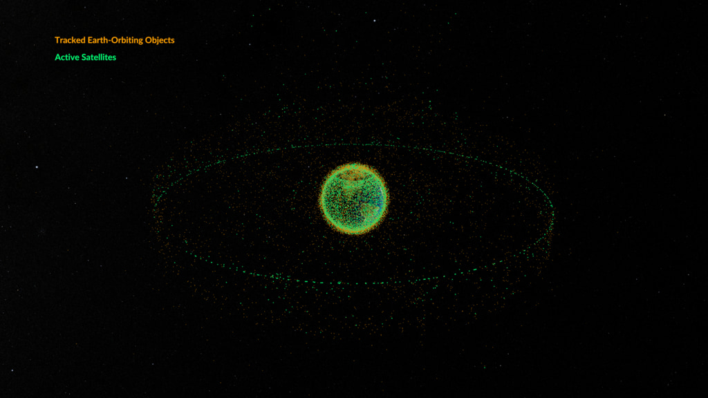 This visualization depicts objects in orbit around Earth as of February 2024. It begins with approximately 31,000 orange dots, each representing a trackable object in the publicly available database. Green dots then fade in, highlighting around 9,300 active (currently operational) satellites.