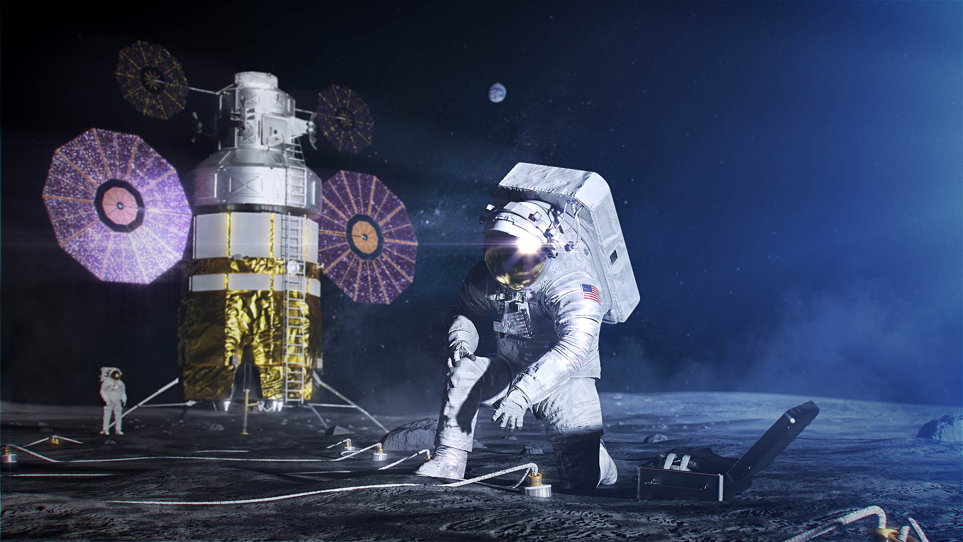 an Artist's rendition of an Artemis astronaut wearing the xEMU spacesuit on an EVA during an Artemis mission.