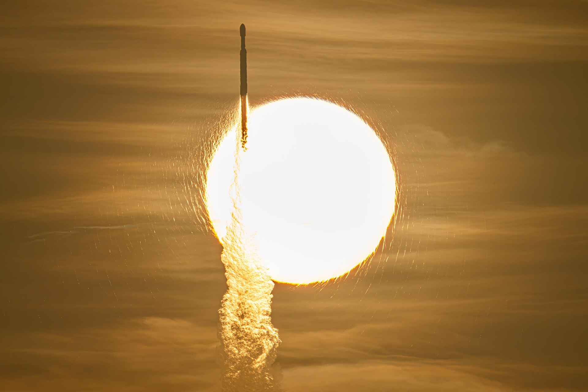 A SpaceX Falcon Heavy rocket with NASA’s Nancy Grace Roman Telescope on board is seen transiting the sun during launch from Launch Complex 39A, Sunday, Aug. 30, 2026, at NASA’s Kennedy Space Center in Florida. The Nancy Grace Roman Space Te