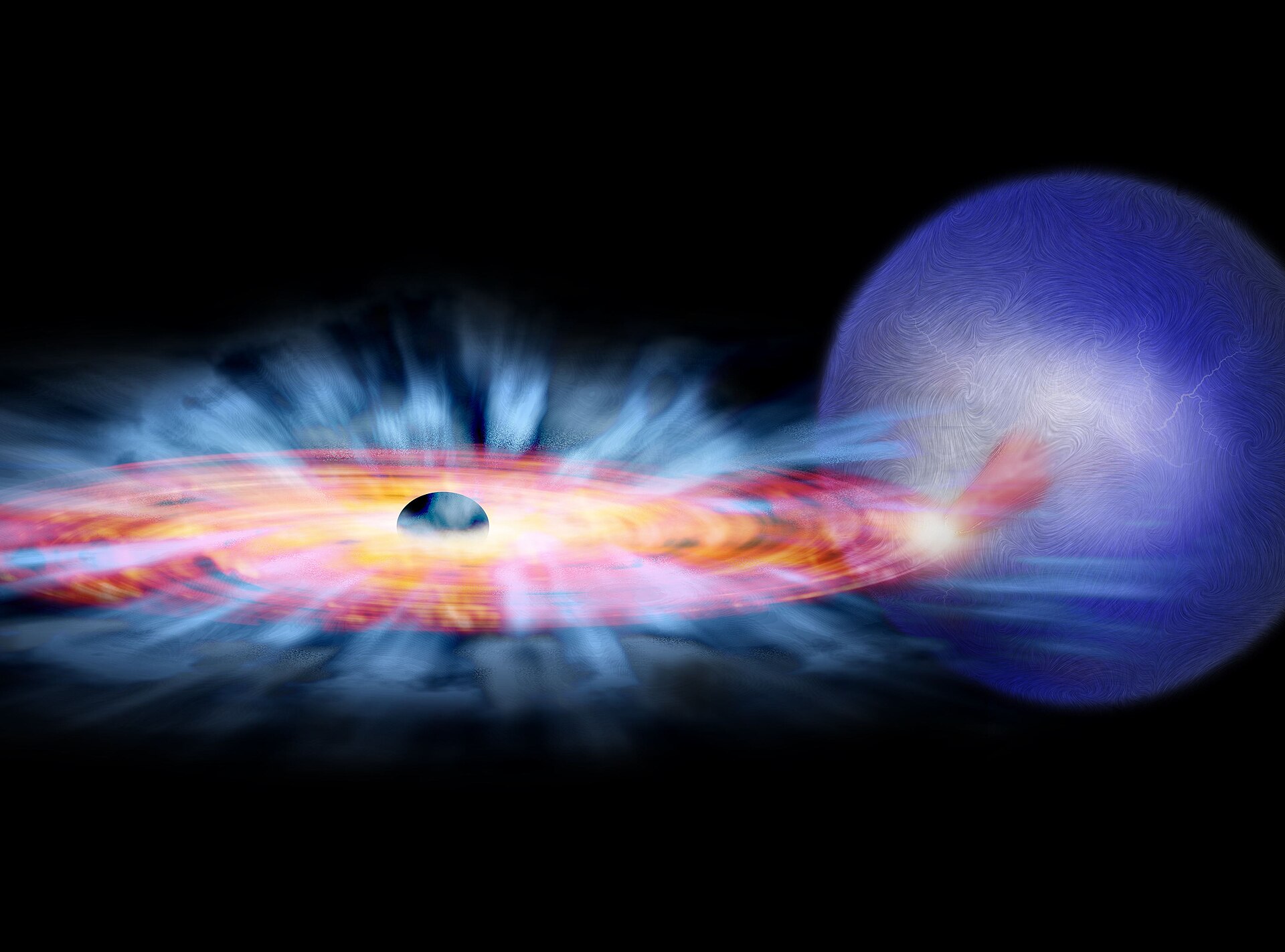 This is an artist's representation of GRO J1655-40, a binary star system observed in April 2005 by Chandra. This binary consists of a black hole and a normal star shown in blue. Gas is being pulled away from the star and falling onto a red disk spinning around the black hole. Some of this gas spirals in towards the black hole, generating copious amounts of light along the way. This infall of matter is only possible if the gas loses some of its energy either through a wind, shown in blue, or fric