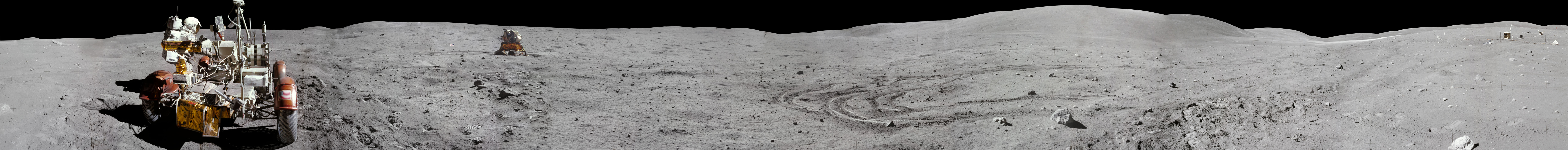 jsc2011e118362 - Panorama view of Apollo 16 lunar surface photos of the Station 10 and Sample 381 Rock taken during the second moonwalk of the mission. The panoramas were built by combining Apollo 16 images starting with frame AS16-114-18450 thru end frame