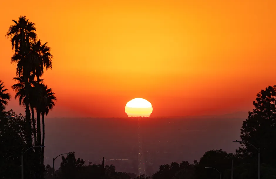Vibrante pôr do sol laranja sobre palmeiras em Highland, CA, capturado em uma clara noite de outono.