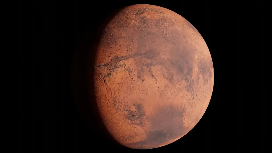 Uma imagem de alta resolução capturando Marte com seus detalhes superficiais visíveis no espaço.