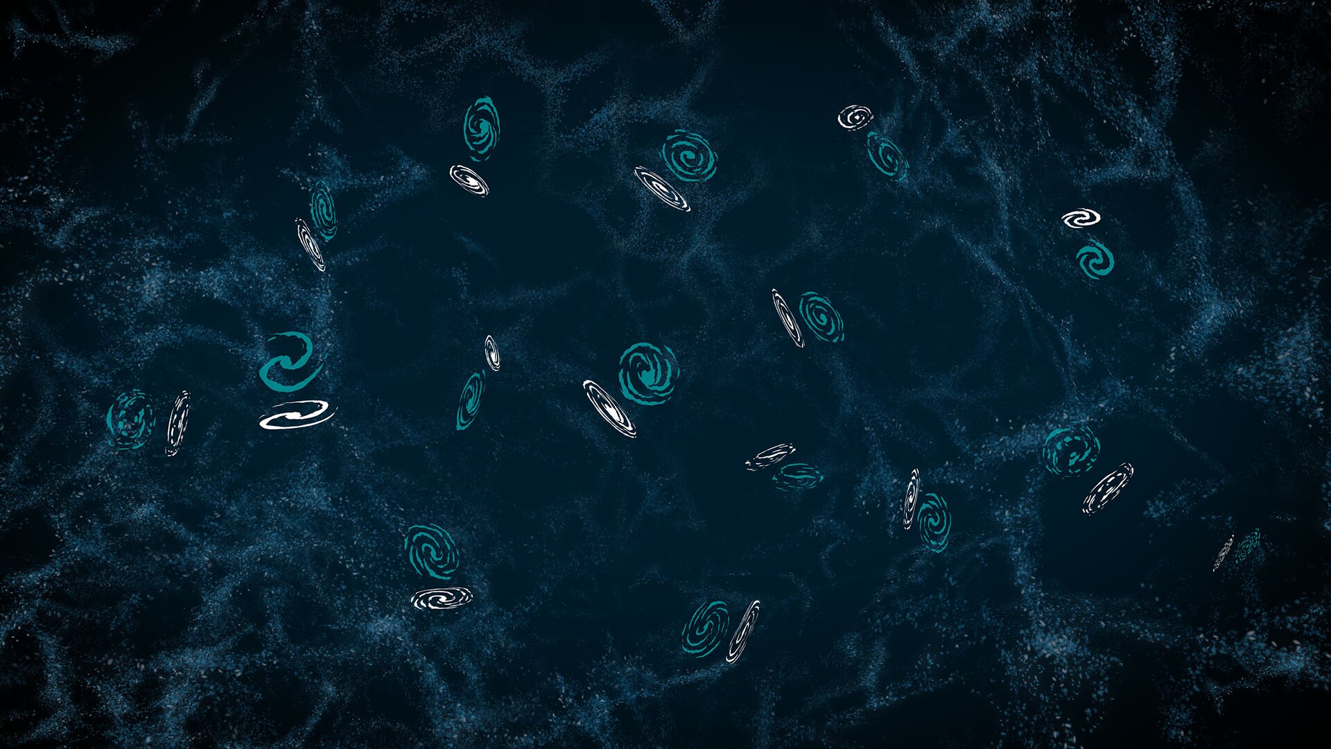This illustration shows the distortion of the observed shapes and positions of galaxies caused by weak gravitational lensing that is due to the Universe’s large scale structure, or ‘cosmic web’. The galaxies’ true shapes (teal) become warped as the light from them travels and bends past the galaxies and galaxy clusters of the cosmic web on its way to us. By the time the light reaches us, the galaxies’ observed shapes and positions have changed (white). The effect is highly exaggerated in this il
