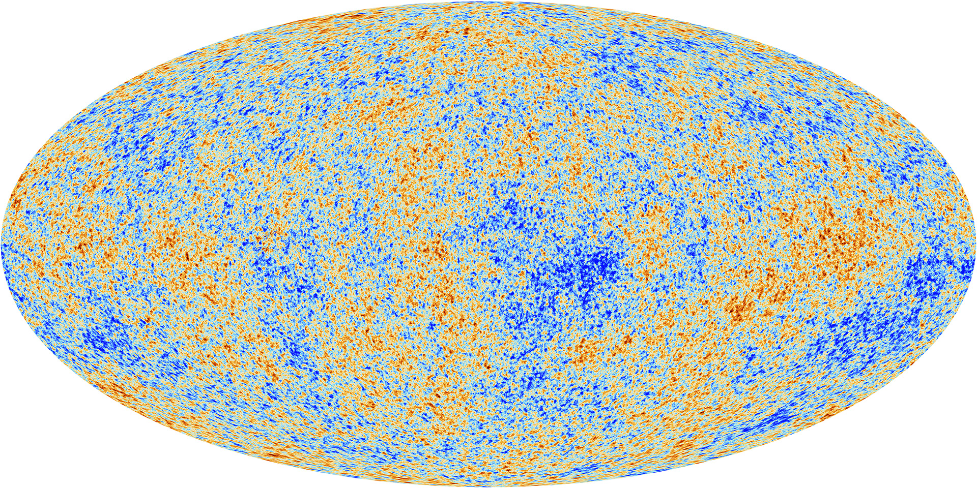 Mapa oval de todo o céu da radiação cósmica de fundo observada pelo Planck, com manchas azuis e vermelhas representando minúsculas variações de temperatura no Universo primordial.