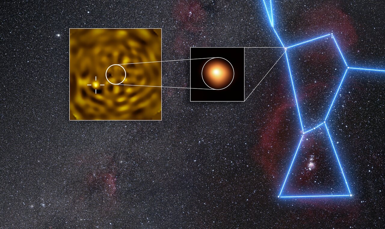 Imagem de alta resolução de Betelgeuse obtida pelo VLT, com a fonte candidata a estrela companheira indicada próxima à supergigante.
