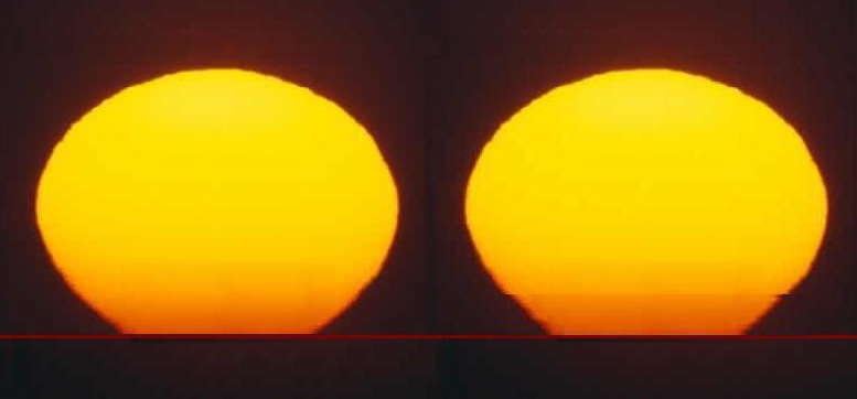 Sonnenuntergang, Simulation der horizontnahen Refraktion links nachbearbeitetes Foto. Rechts: dünne bodennahe Reflexionsschicht simuliert (warme Luftschicht mit Refraktionskoeffizient k < 0)