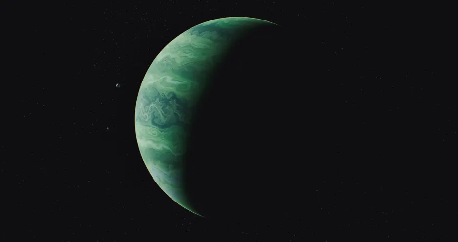 Uma impressionante renderização em 3D de um planeta alienígena verde com um fundo escuro, evocando temas de ficção científica.