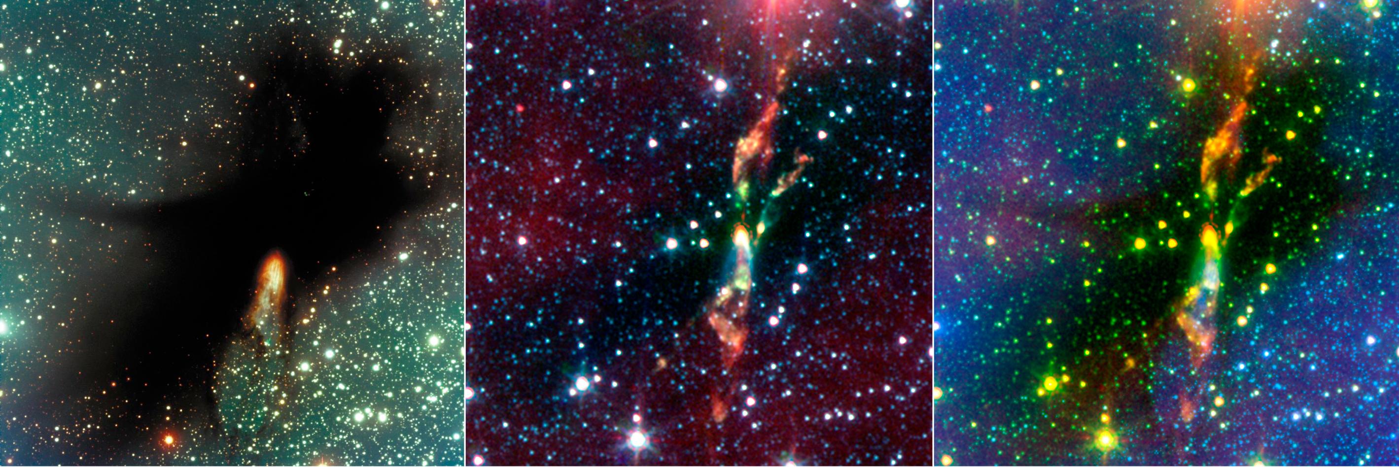 Two rambunctious young stars are destroying their natal dust cloud with powerful jets of radiation, in an infrared image from NASA Spitzer Space Telescope.