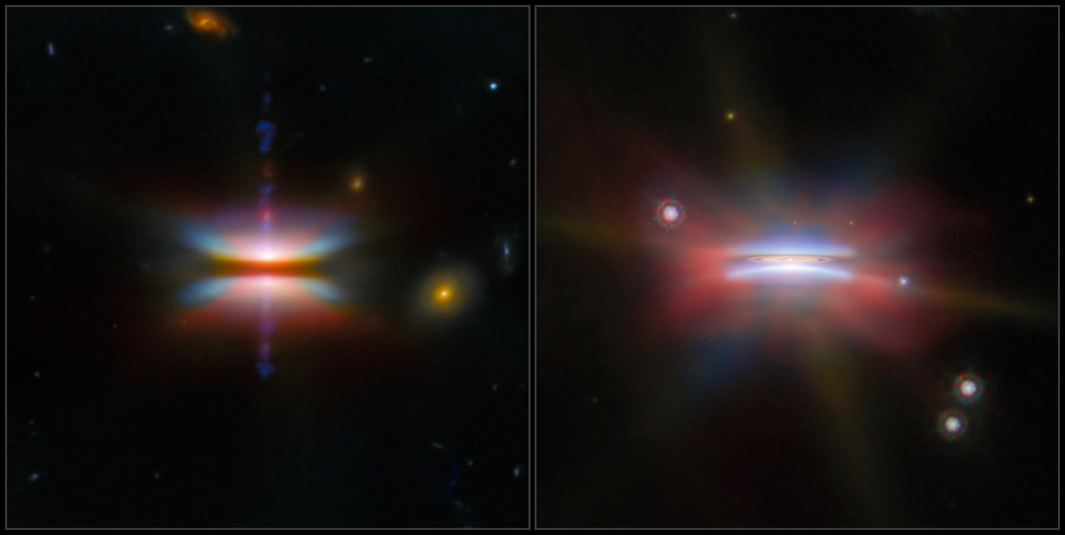 Duas observações mostram discos protoplanetários vistos de lado ao redor de estrelas jovens, com faixas escuras de poeira separando regiões luminosas de gás e material refletindo luz.