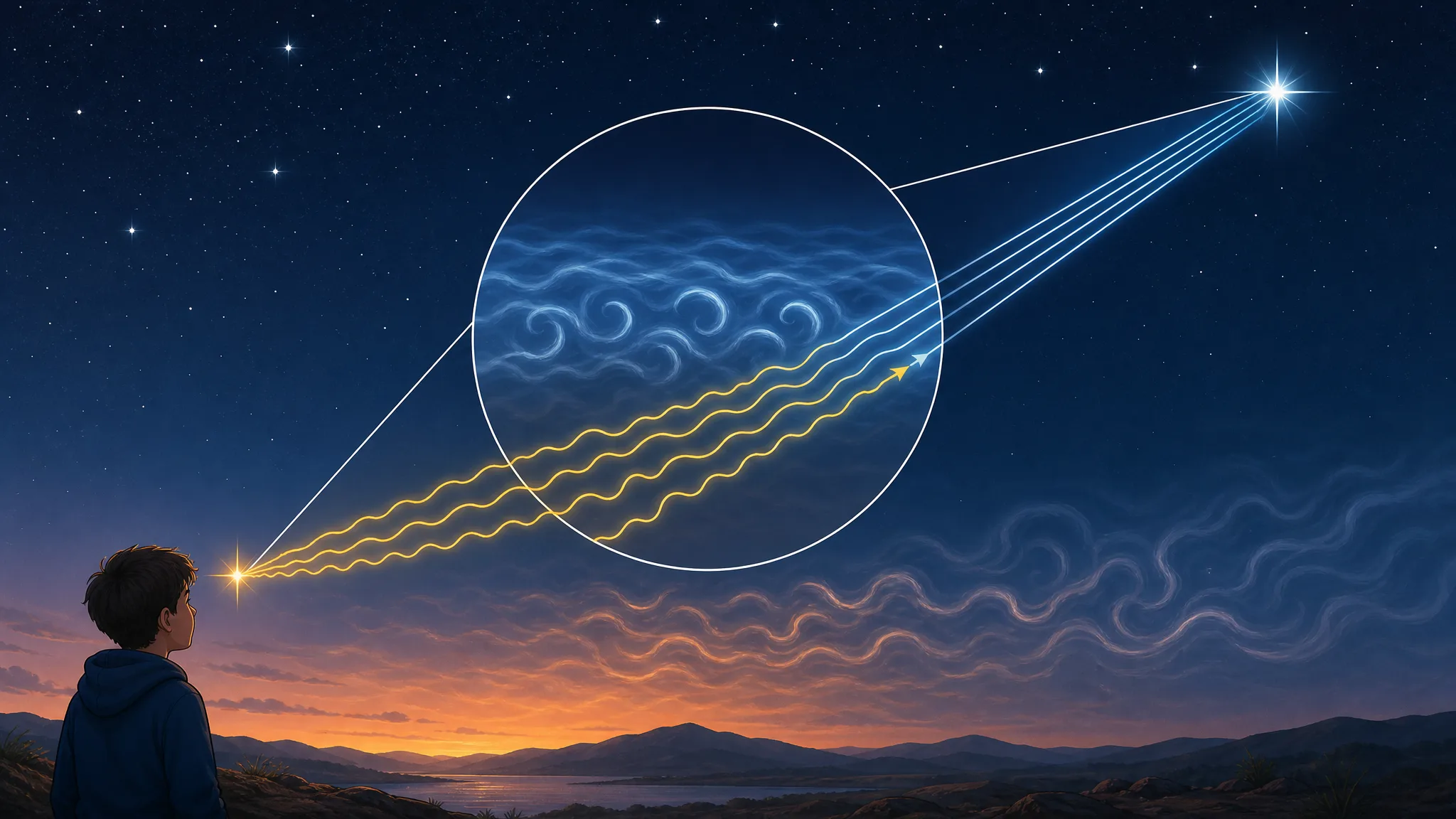 Por que as estrelas parecem piscar? Ilustração gerada por IA.