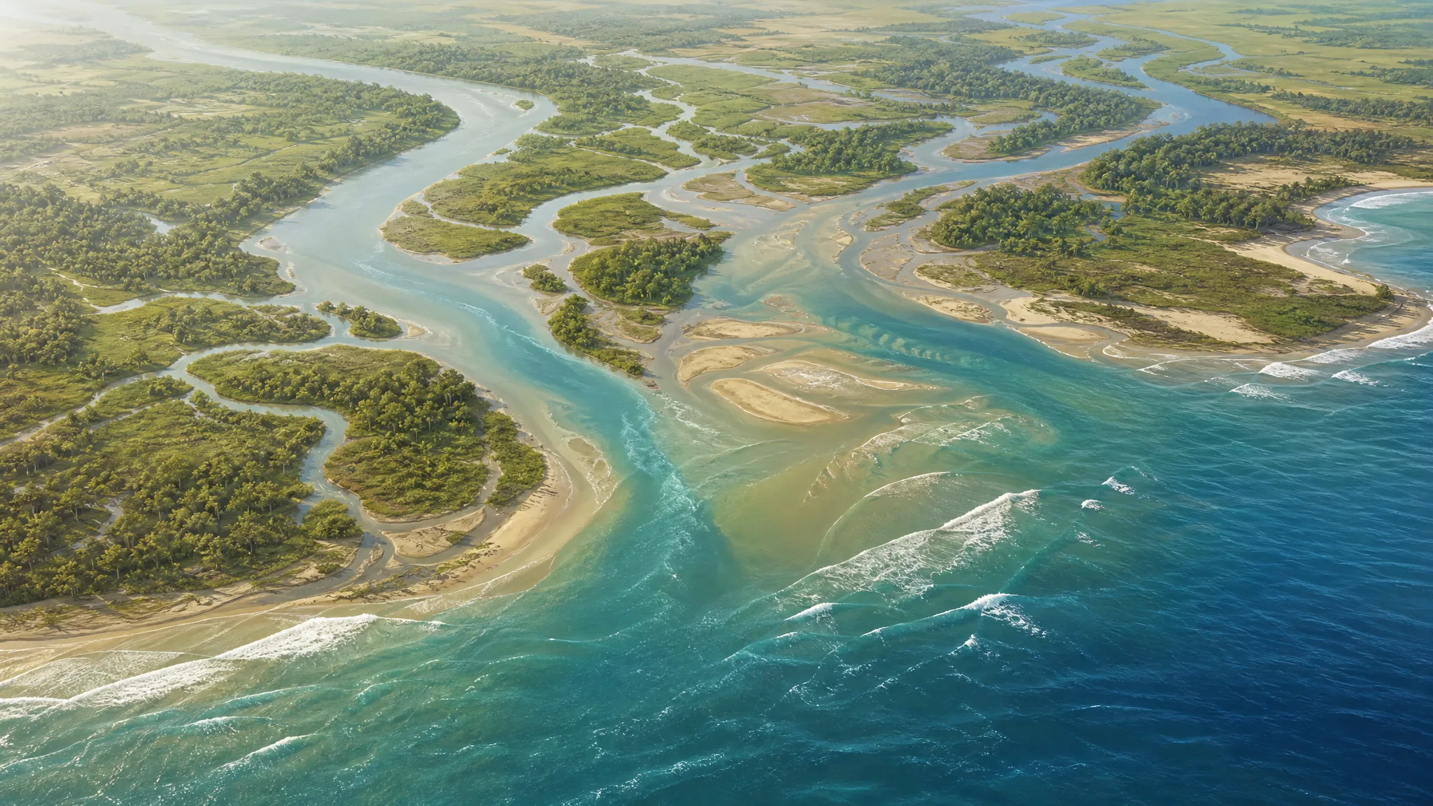 Por que a água muda onde o rio encontra o mar? Ilustração gerada por IA.