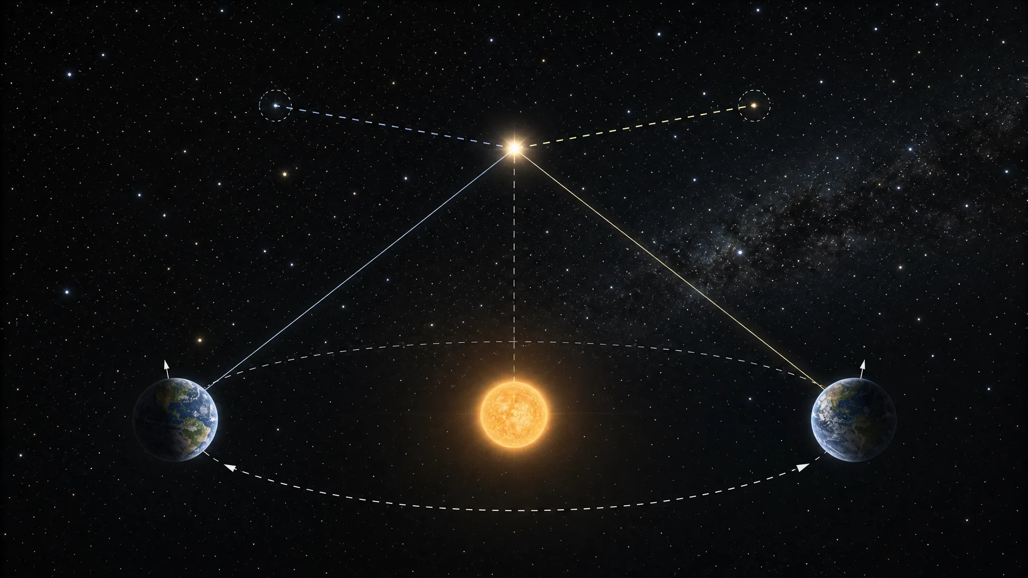 Como medimos a distância de uma estrela próxima? Ilustração gerada por IA.