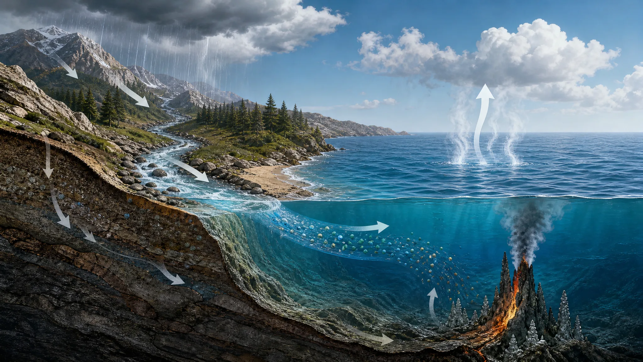 Por que o oceano é salgado e os rios não? Ilustração gerada por IA.