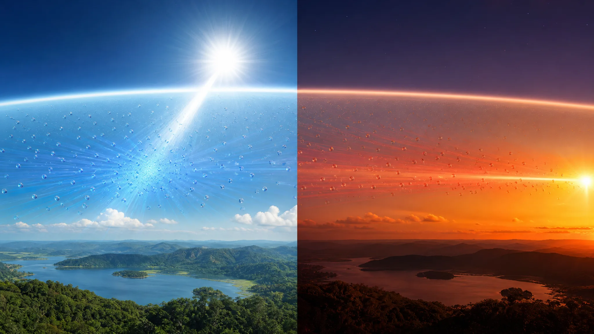 Por que o céu é azul e o pôr do sol fica vermelho? Ilustração gerada por IA.