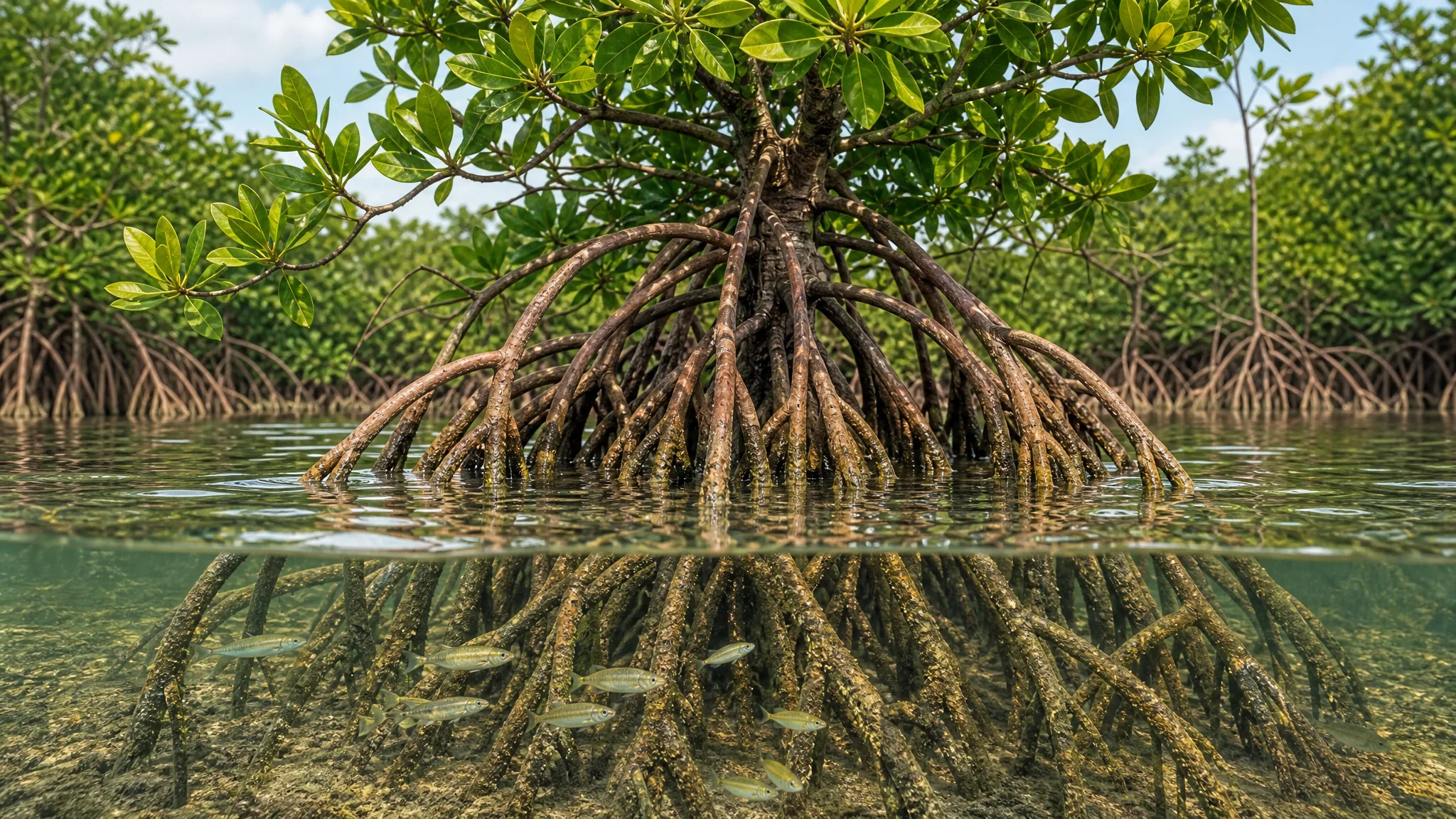 Como as árvores do mangue sobrevivem à água salgada? Ilustração gerada por IA.