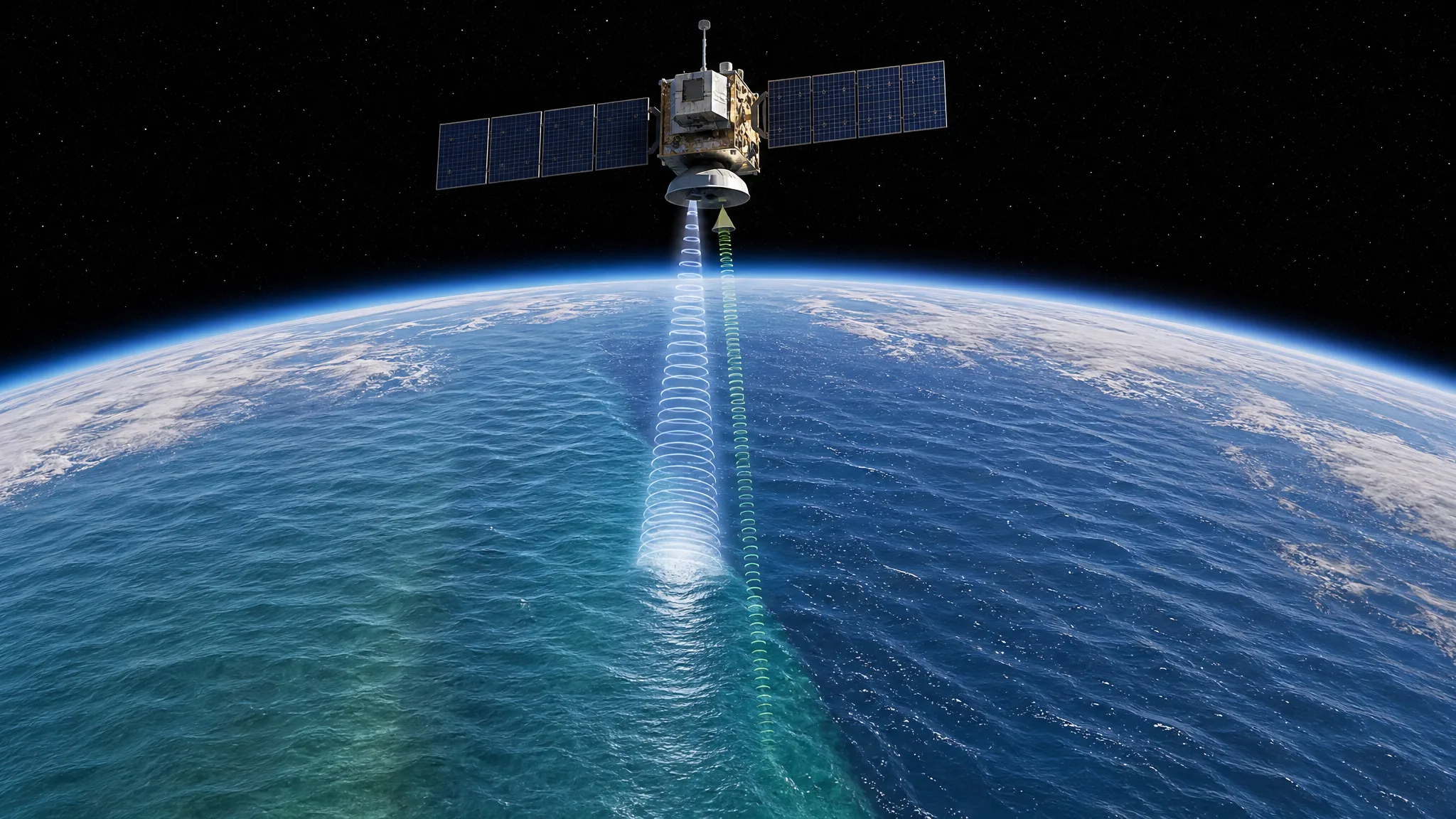 Como um satélite mede a altura do oceano sem tocar na água? Ilustração gerada por IA.