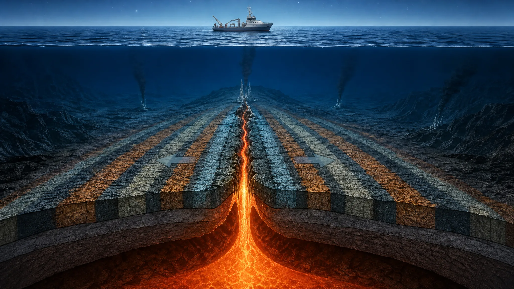 Por que o fundo do oceano tem listras magnéticas? Ilustração gerada por IA.
