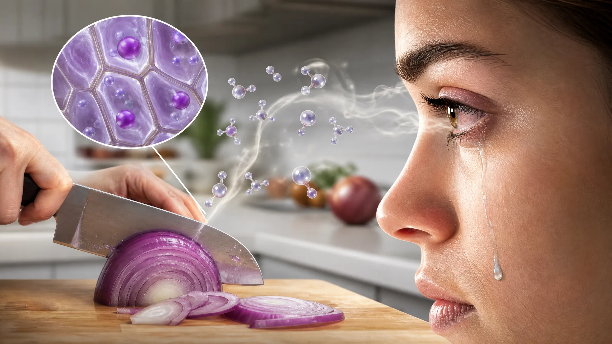 Por que cortar cebola faz os olhos lacrimejarem? Ilustração gerada por IA.