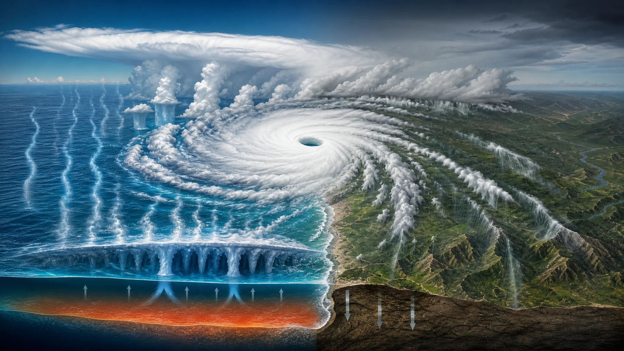 Por que um furacão enfraquece em terra, mas ainda pode ser mortal? Ilustração gerada por IA.