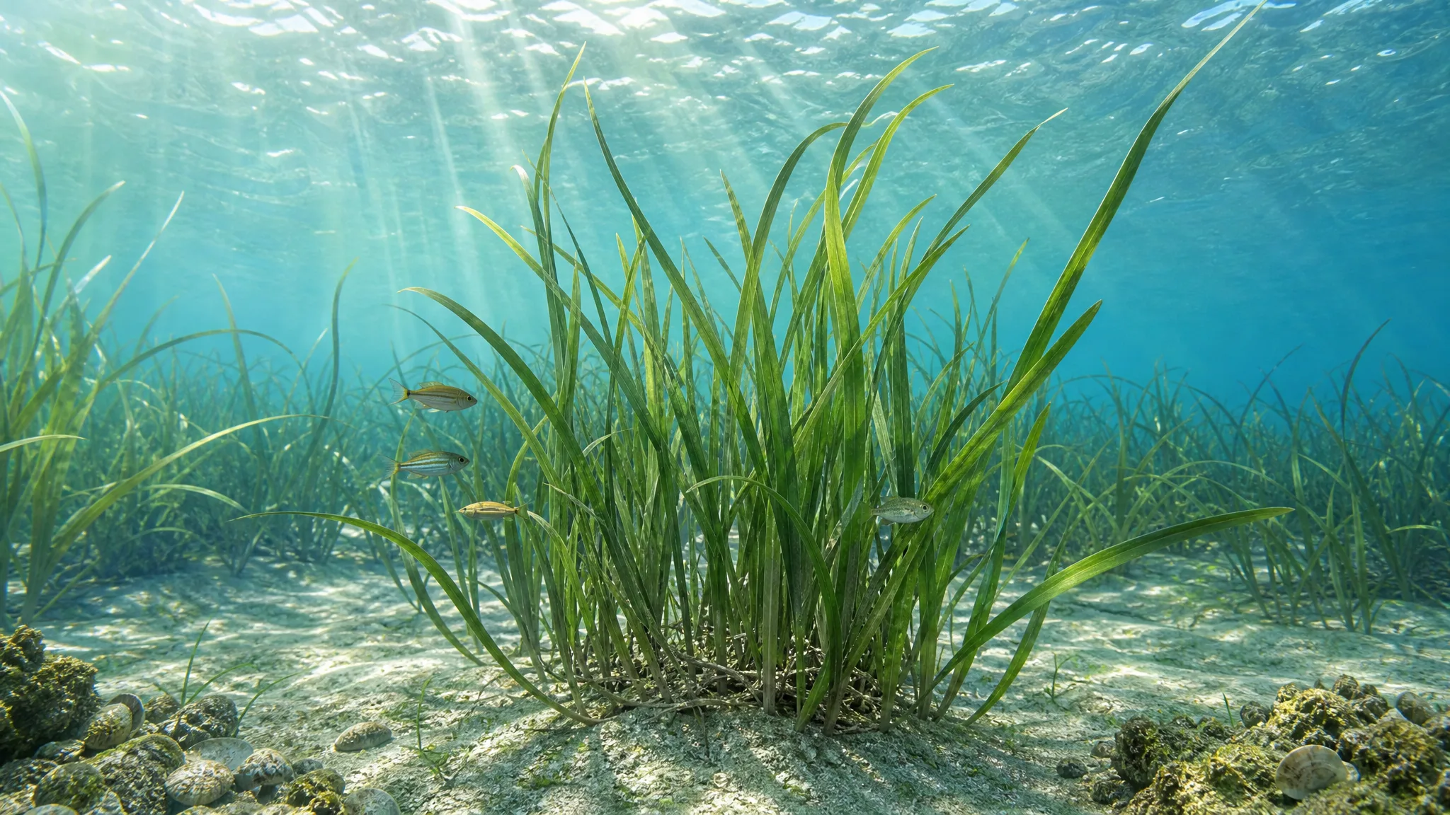 Como existem campos de plantas com flores debaixo do mar? Ilustração gerada por IA.