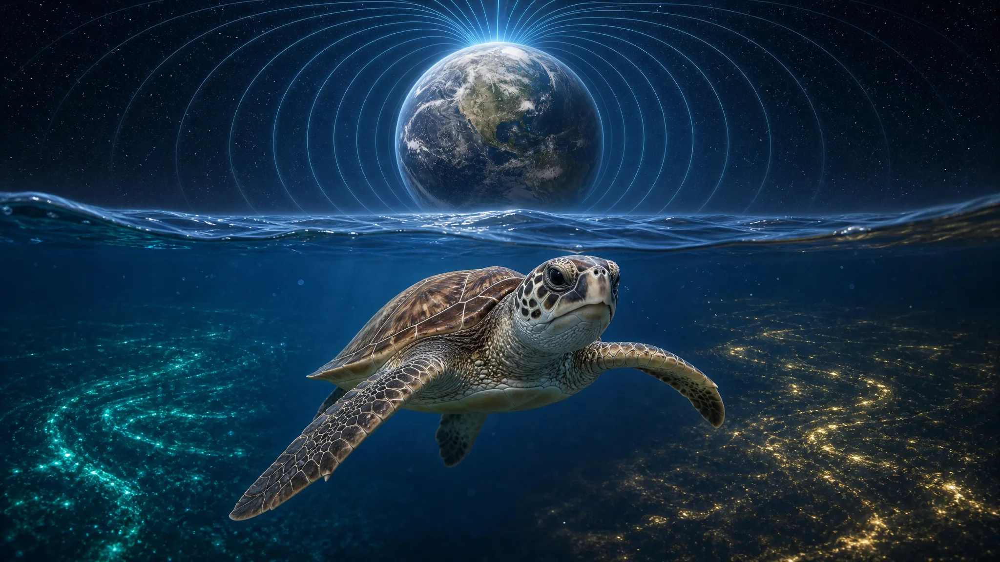 Como tartarugas marinhas reconhecem lugares em mar aberto? Ilustração gerada por IA.