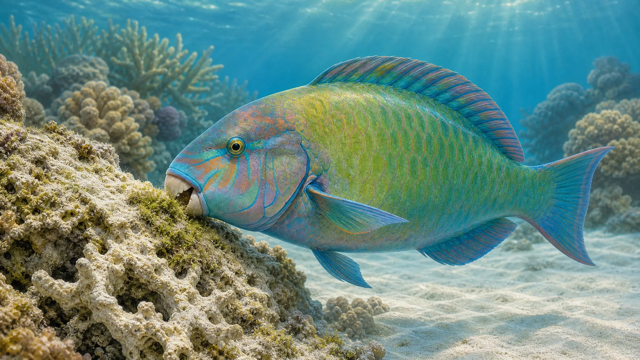 Como um peixe ajuda a transformar recifes em areia? Ilustração gerada por IA.