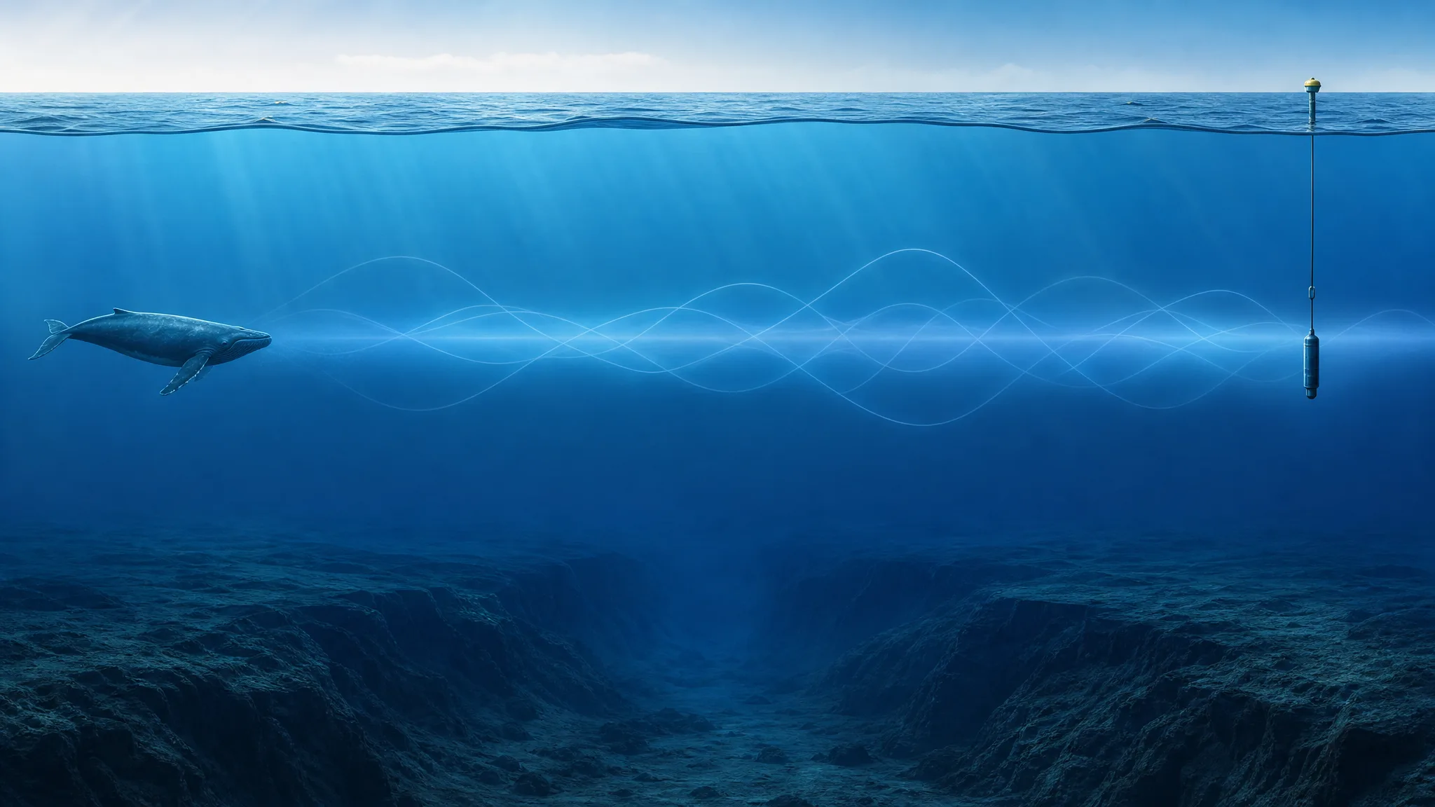 Como um som consegue atravessar grandes distâncias no oceano? Ilustração gerada por IA.