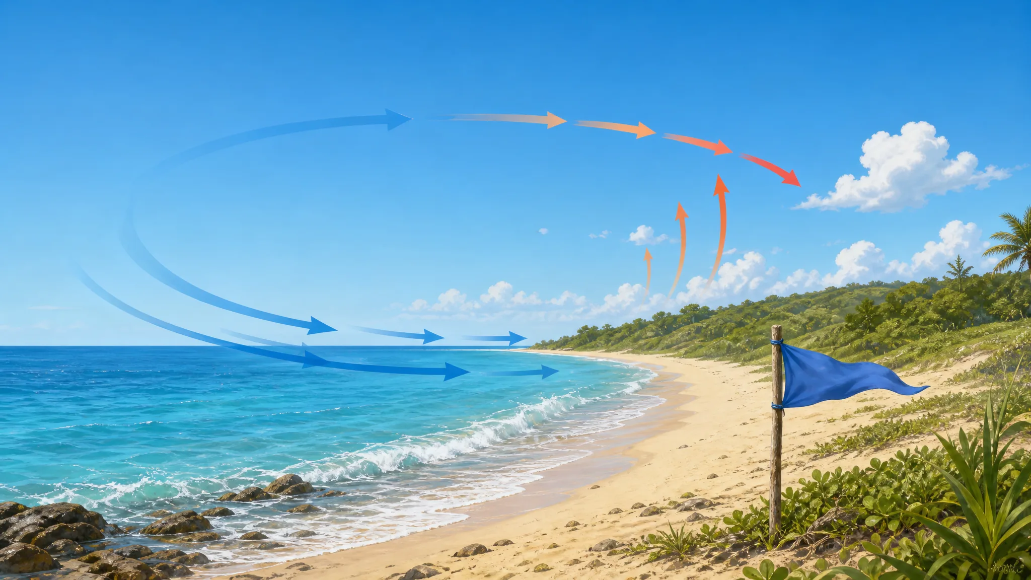 Por que a brisa costuma soprar do mar para a praia durante o dia? Ilustração gerada por IA.