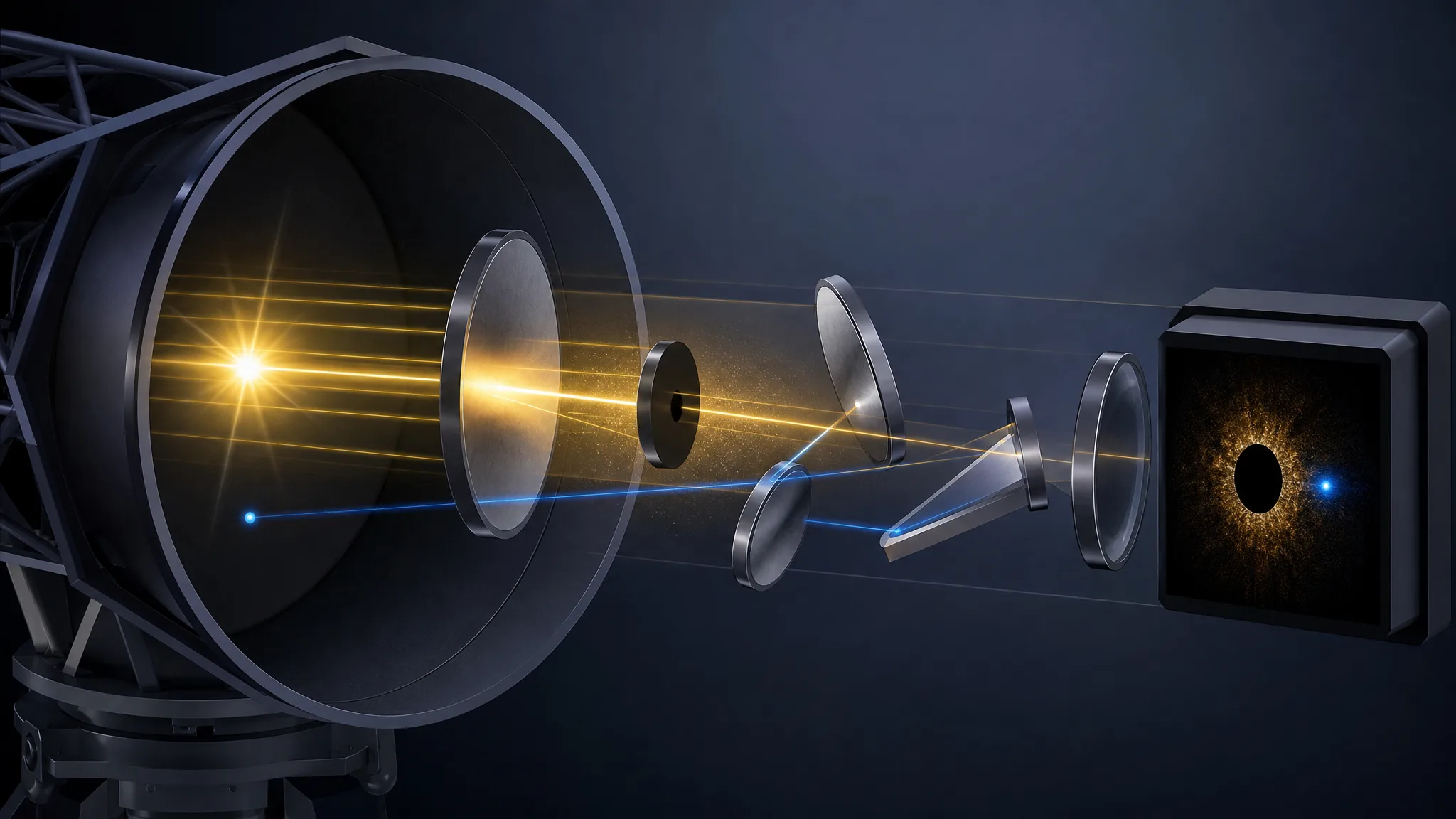 Como um coronógrafo esconde o brilho de uma estrela para revelar planetas? Ilustração gerada por IA.