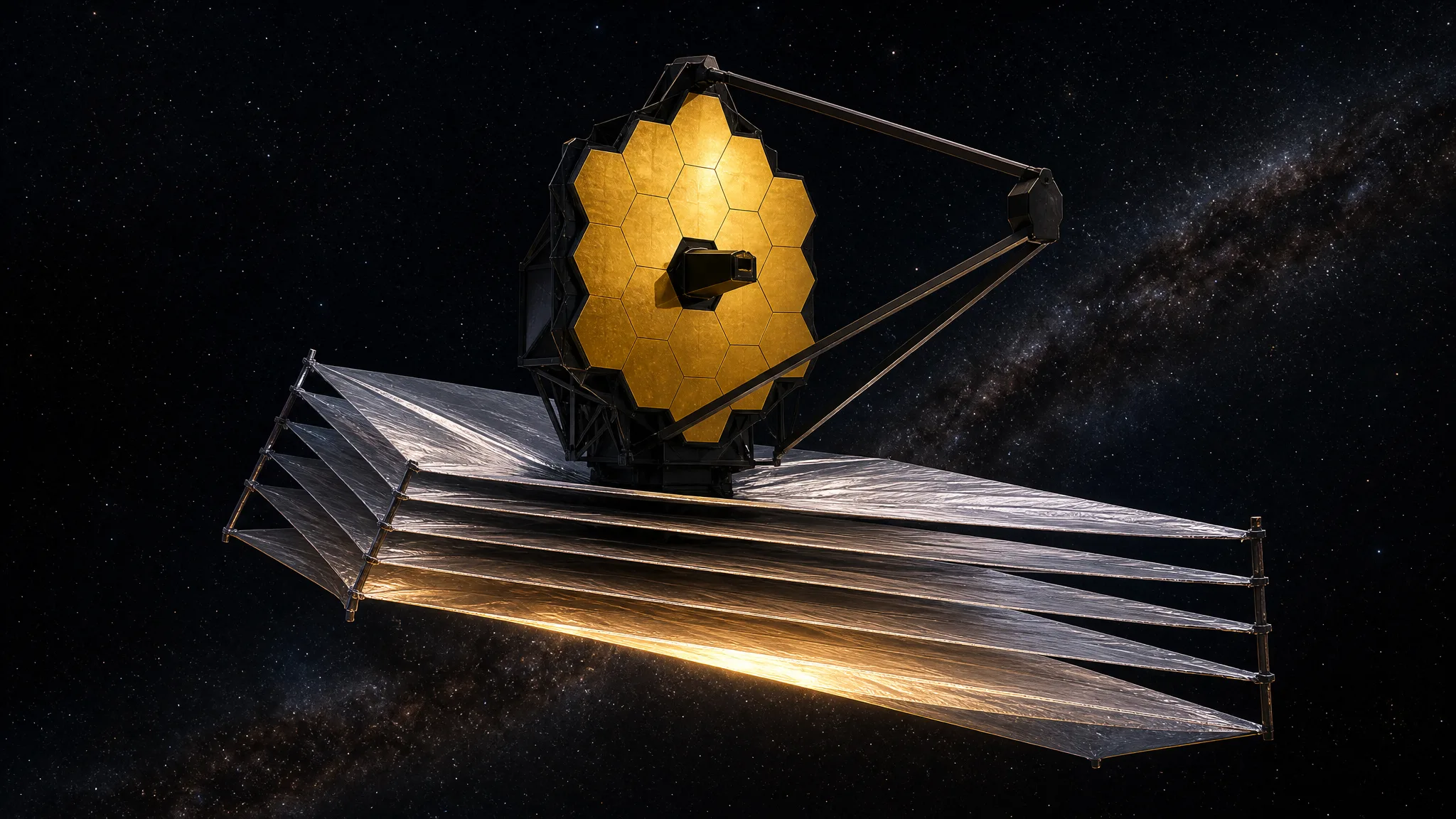 Por que o Webb usa um escudo solar do tamanho de uma quadra? Ilustração gerada por IA.