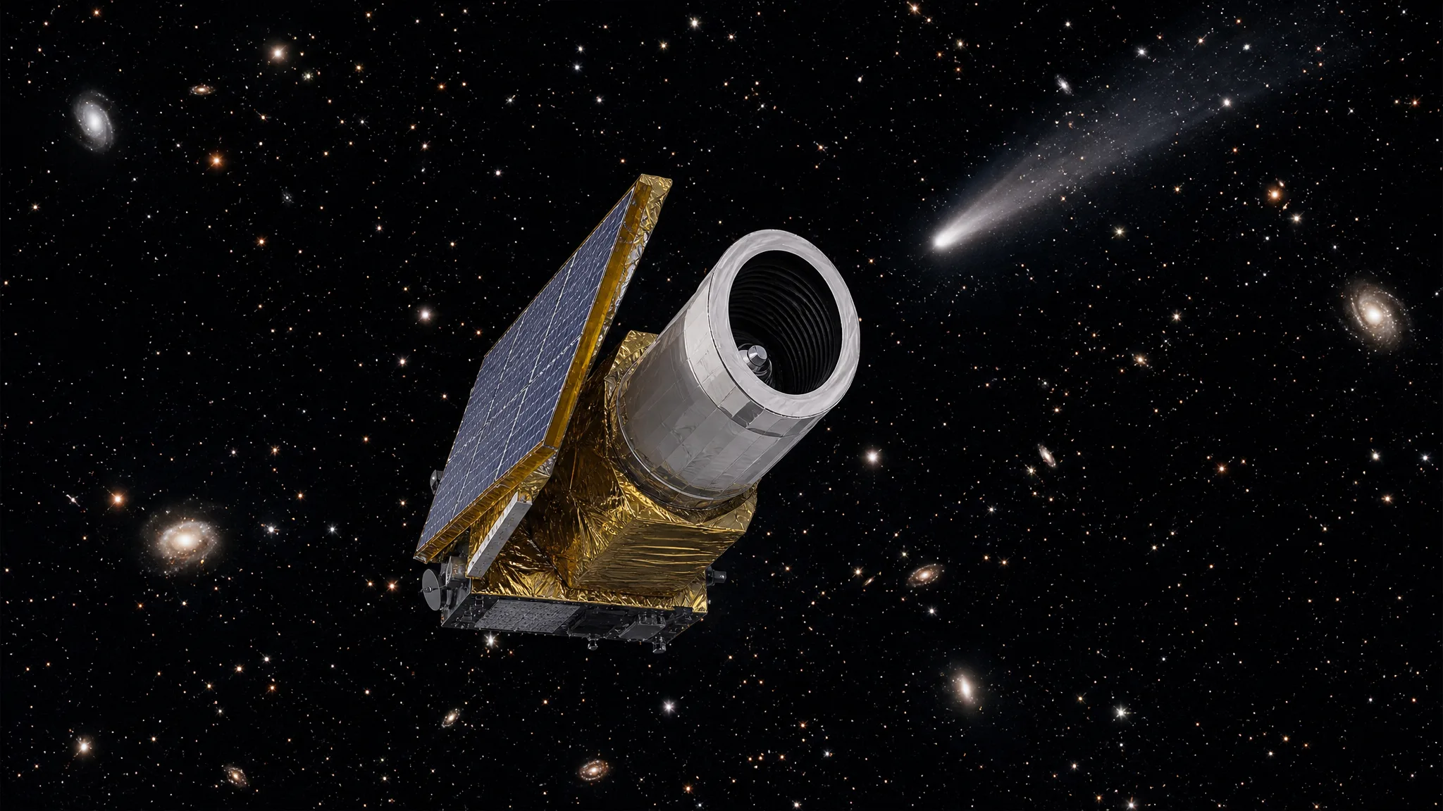 Euclid encontra seu primeiro cometa até então desconhecido Ilustração gerada por IA.
