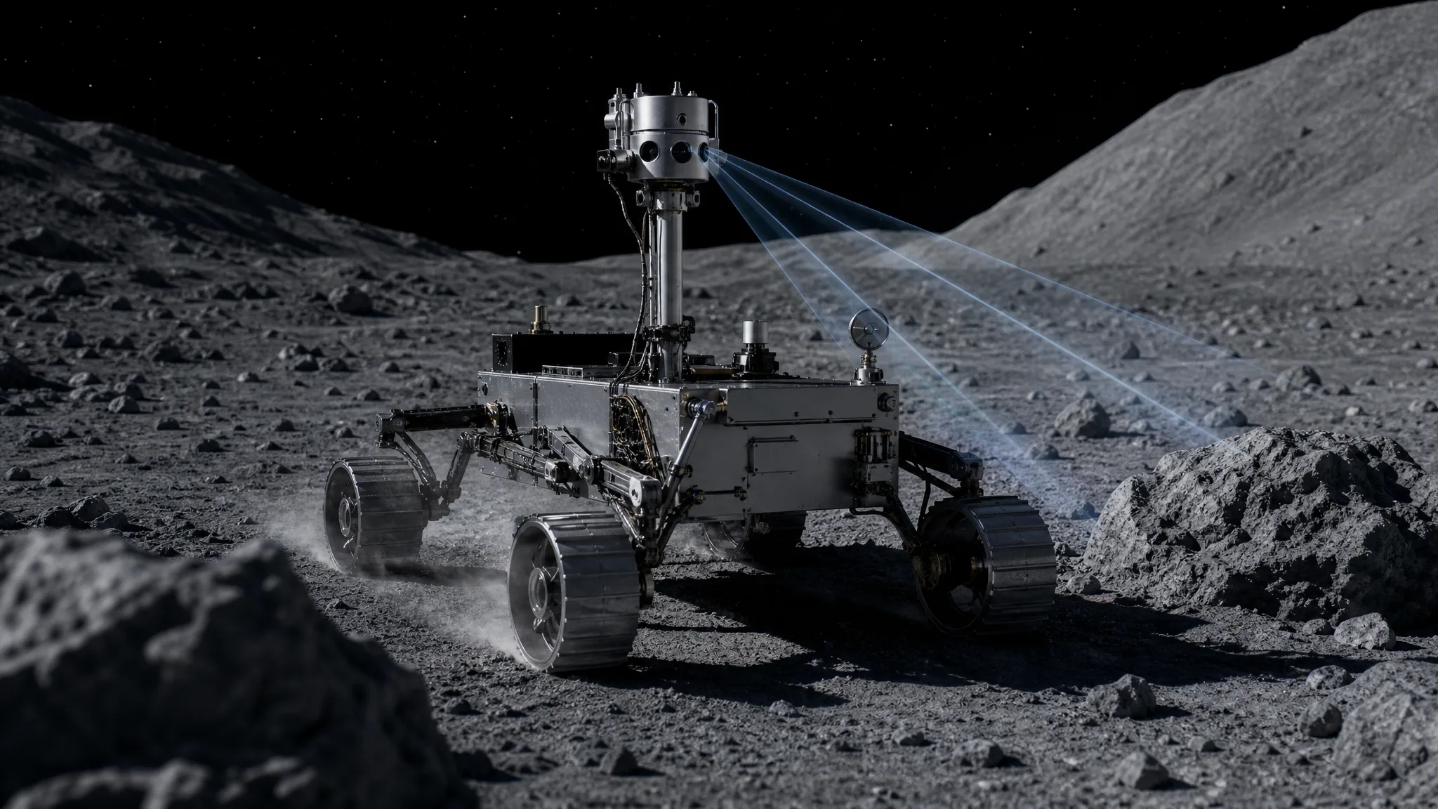 ESA testa navegação rápida e autônoma para rovers lunares Ilustração gerada por IA.