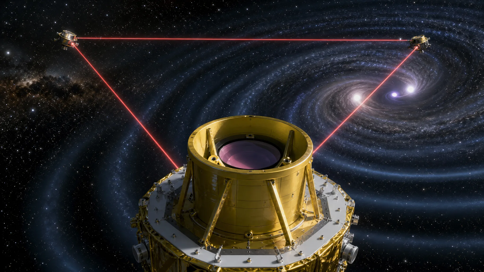 NASA avança no telescópio que ajudará o LISA a medir ondas gravitacionais Ilustração gerada por IA.