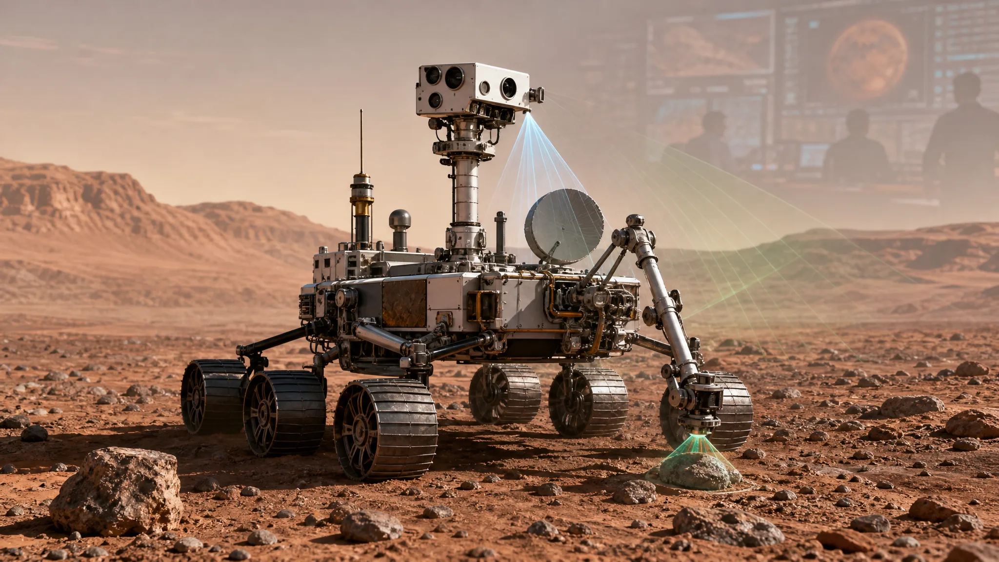 Protótipo do rover Rosalind Franklin conclui ensaio no deserto Ilustração gerada por IA.