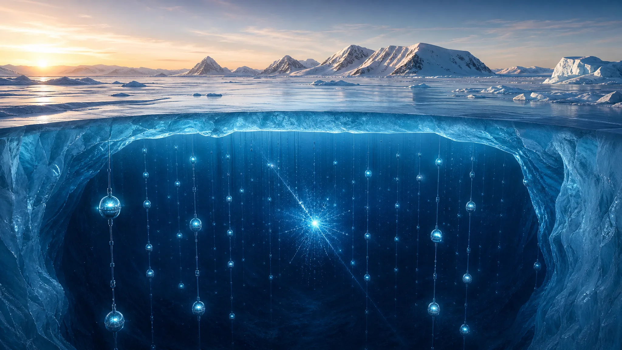 Nobel de Física 2026: como o gelo da Antártida revela partículas do cosmos Ilustração gerada por IA.