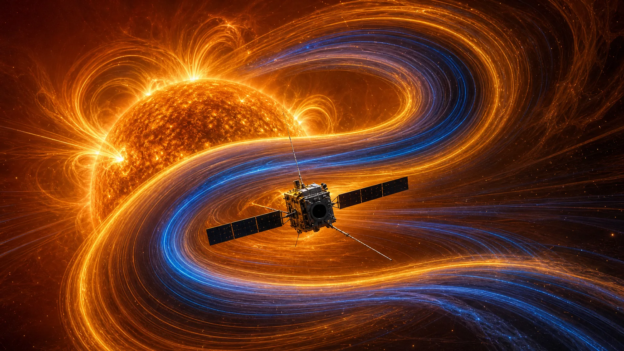 Solar Orbiter rastreia a origem de uma dobra magnética no vento solar Ilustração gerada por IA.