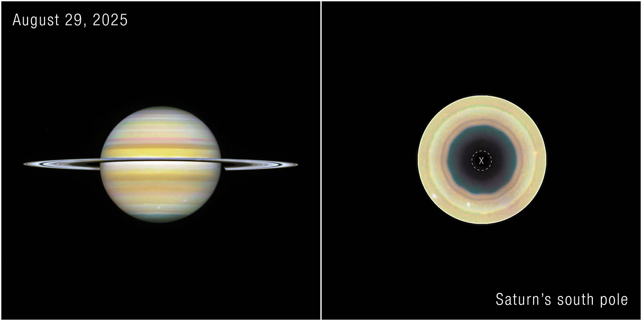 Saturno observado pelo telescópio Hubble, com destaque para a estrutura decagonal de nuvens no polo sul.