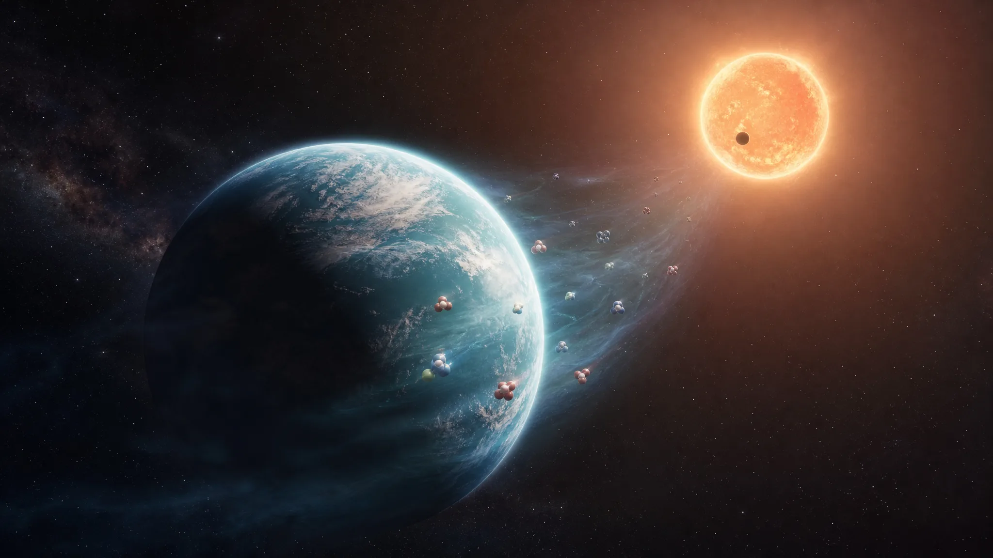 Ilustração de um exoplaneta na zona habitável com sua estrela ao fundo. Ilustração gerada por IA.
