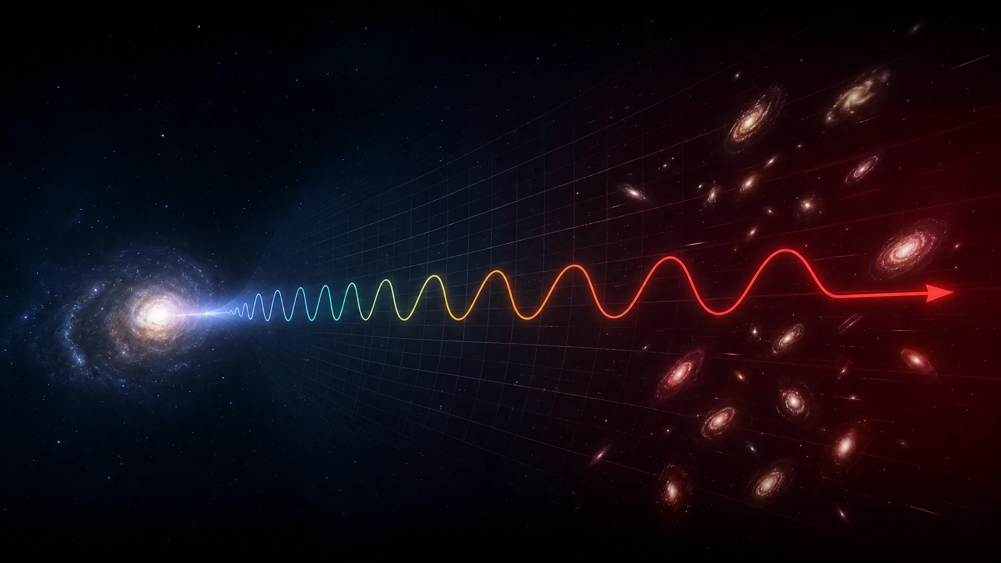 Ilustração do desvio para o vermelho em um espectro de luz. Ilustração gerada por IA.