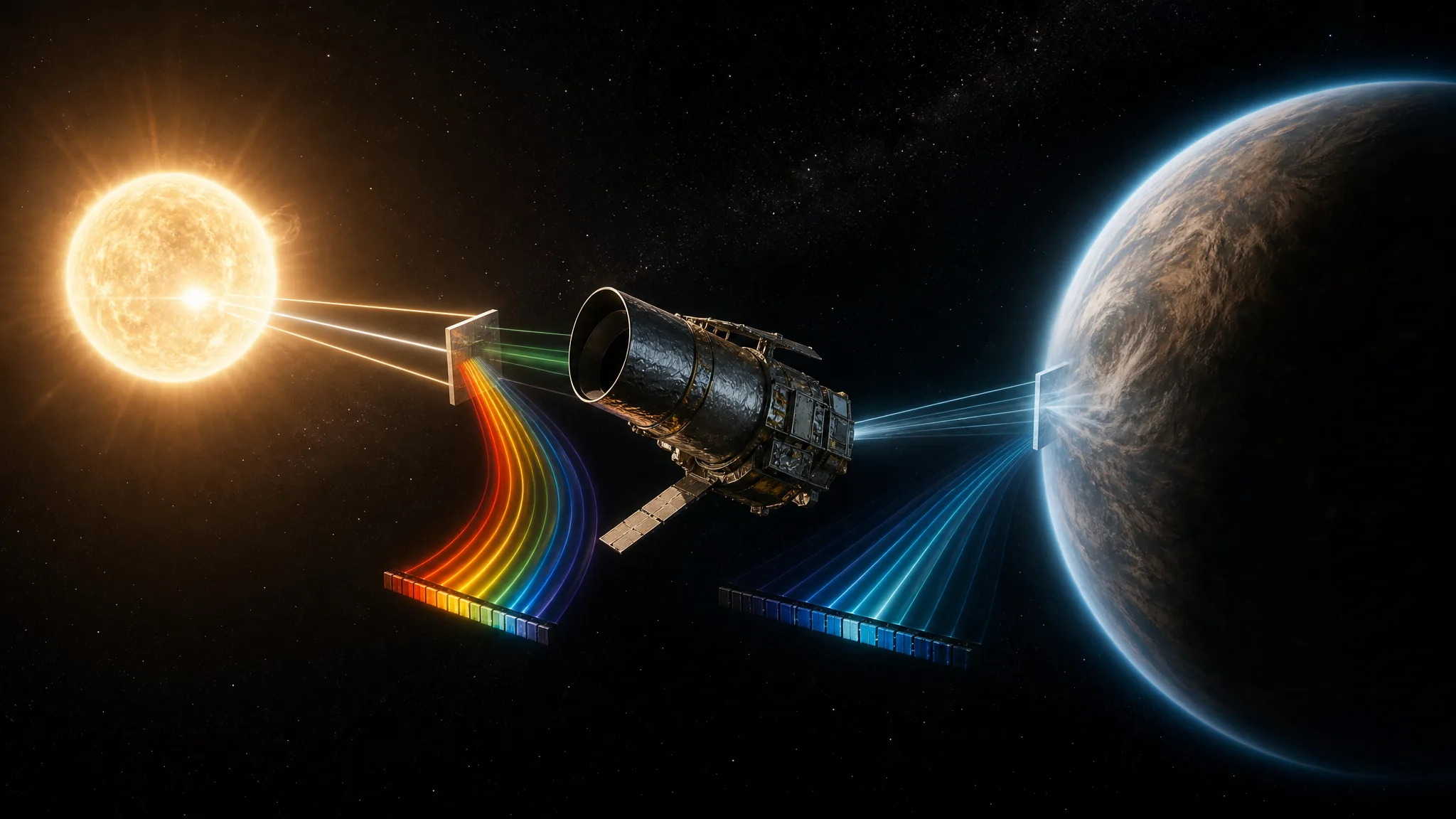 Ilustração da missão Pandora observando um exoplaneta e sua estrela hospedeira. Ilustração gerada por IA.