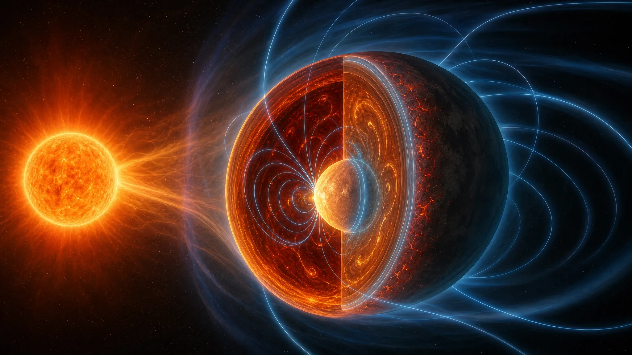 Ilustração de um exoplaneta perto de uma estrela pequena, com linhas sugerindo campo magnético e aquecimento interno. Ilustração gerada por IA.